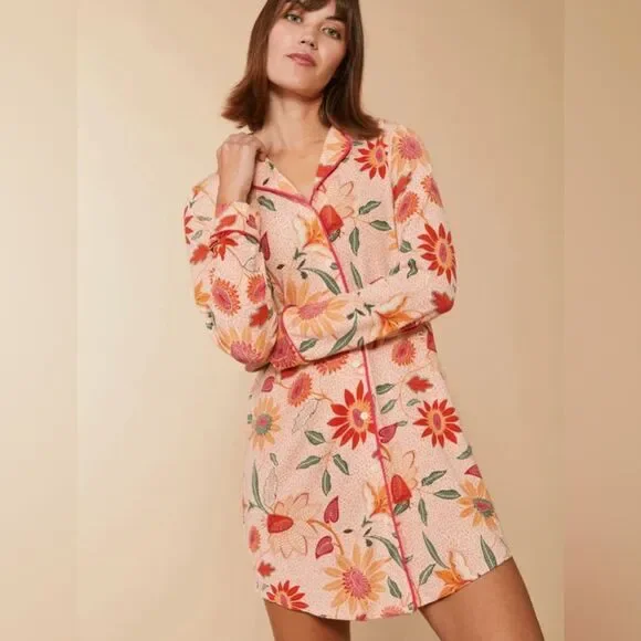 Spartina 449 XXS Botanic Garden Peach Pink Boho Floral Long Sleeve Sleep Shirt - Picture 6 of 16